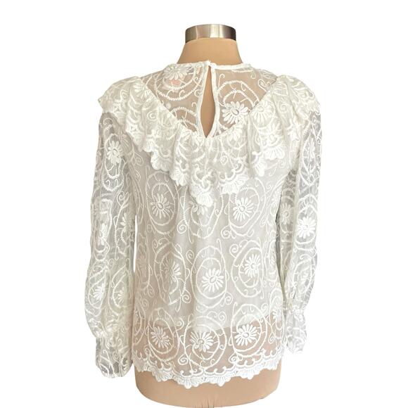 Flying Tomato White Lace Blouse Size M Ruffle Floral Embroidery Cottage Romantic - Picture 3 of 8